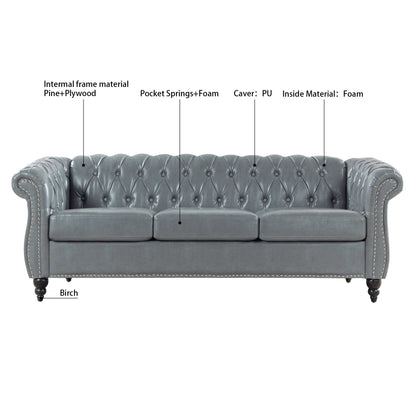 84.65 PU Leather Chesterfield Sofa with Rolled Arms (3-Seater)