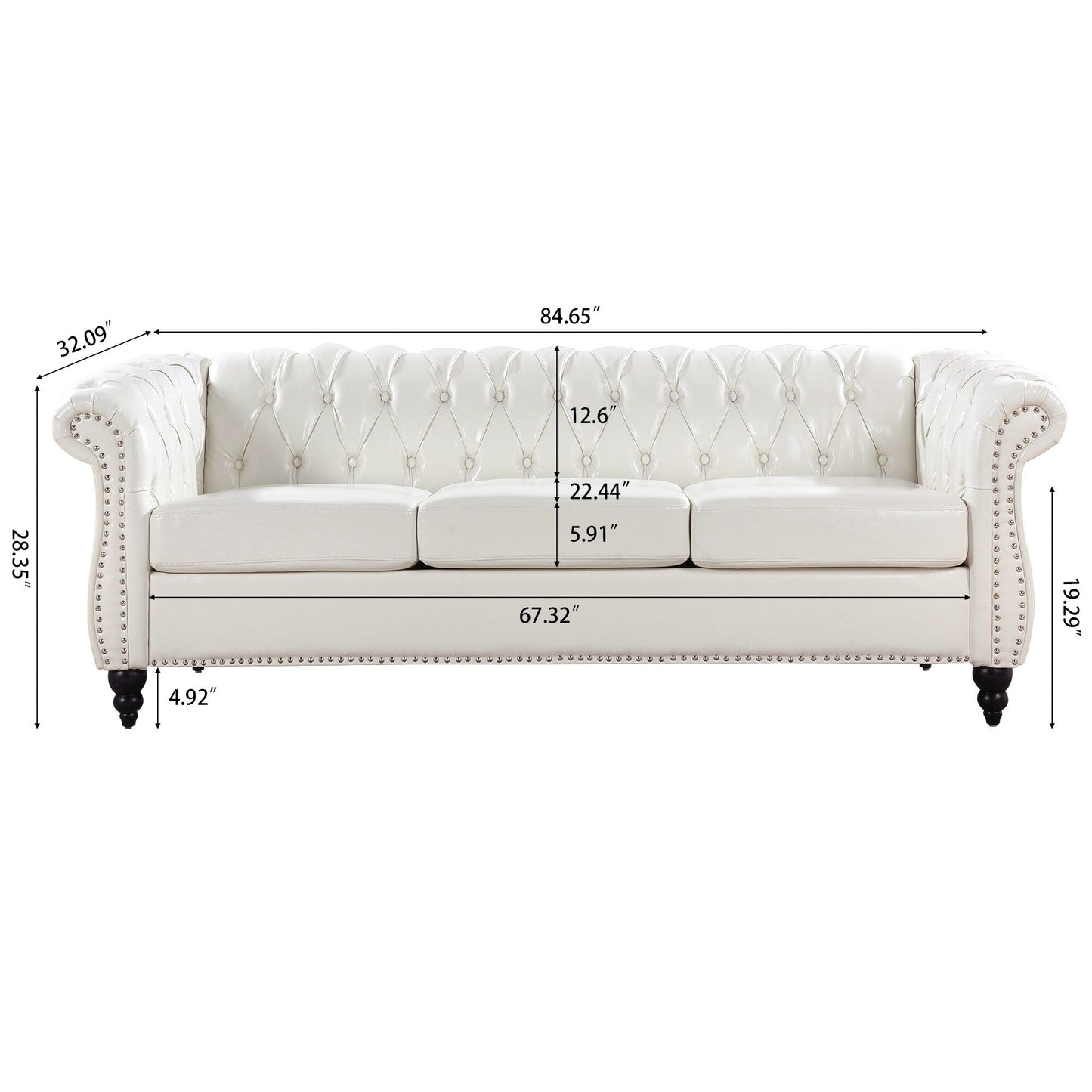 84.65 PU Leather Chesterfield Sofa with Rolled Arms (3-Seater)