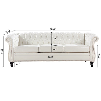 84.65 PU Leather Chesterfield Sofa with Rolled Arms (3-Seater)