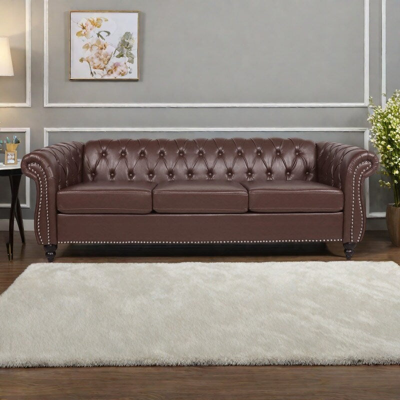 84.65 PU Leather Chesterfield Sofa with Rolled Arms (3-Seater)