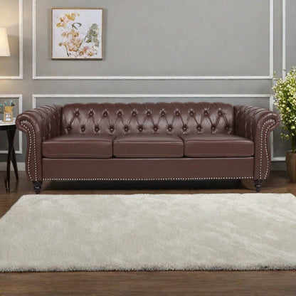 84.65 PU Leather Chesterfield Sofa with Rolled Arms (3-Seater)