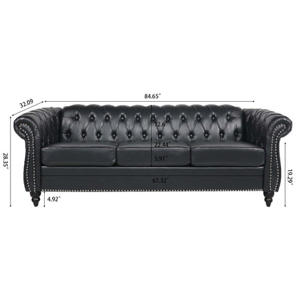 84.65 PU Leather Chesterfield Sofa with Rolled Arms (3-Seater)