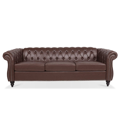 84.65 PU Leather Chesterfield Sofa with Rolled Arms (3-Seater)