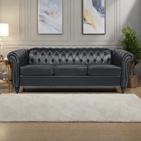 84.65 PU Leather Chesterfield Sofa with Rolled Arms (3-Seater)