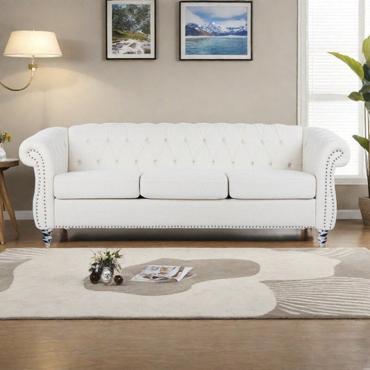 84.65 Polyester Chesterfield Sofa with Rolled Arms (3-Seater)