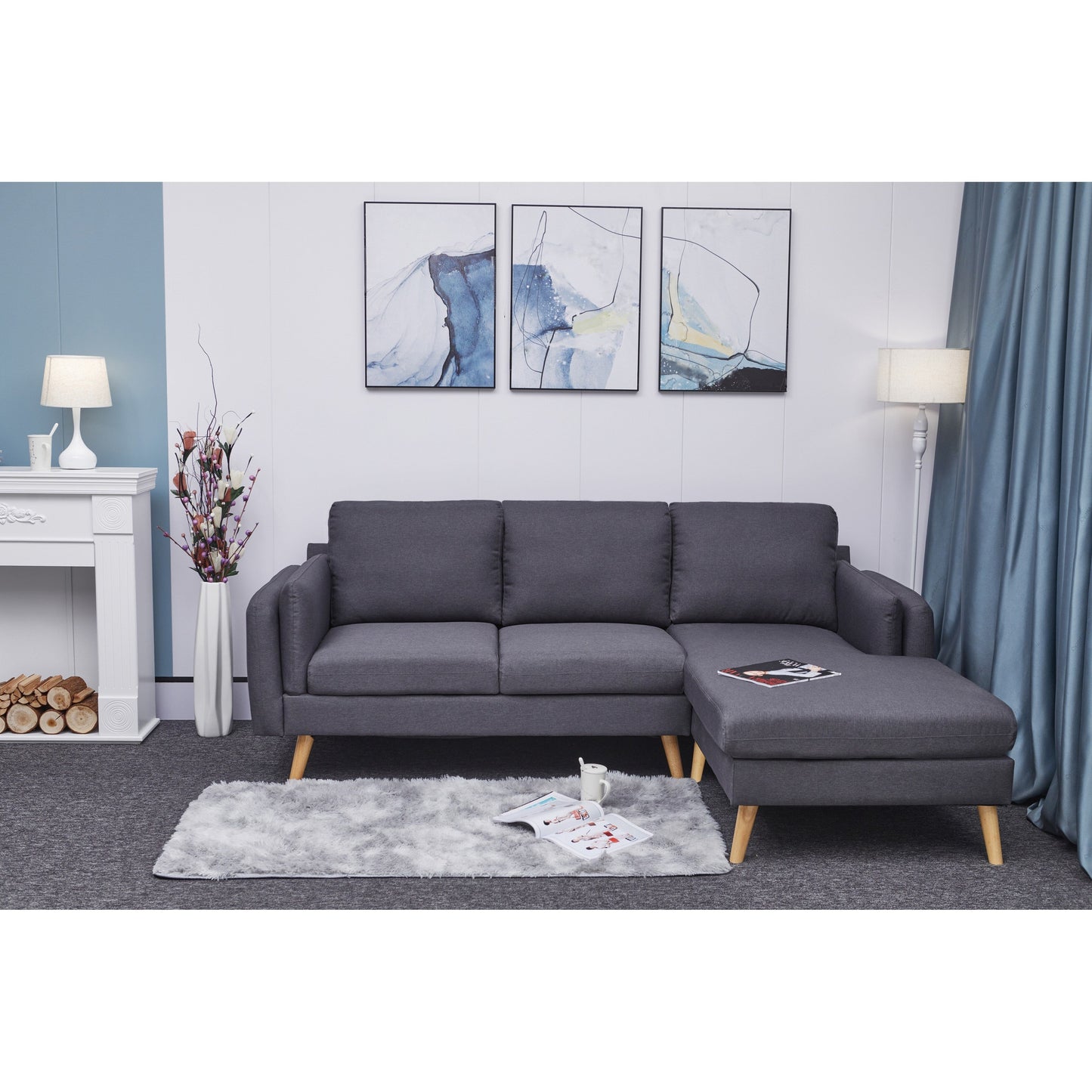 84.6'' Linen L-Shaped 3 Seater Sofa with Reversible Chaise, Independent Spring Cushions, Solid Wood Frame, Double Armrests