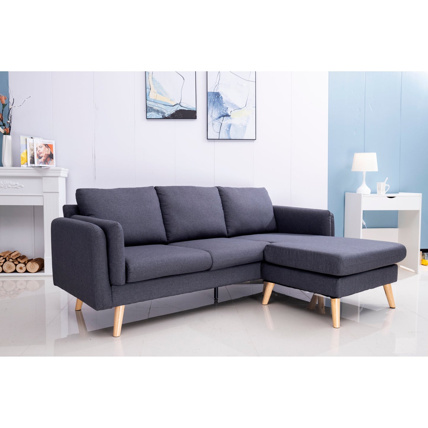 84.6'' Linen L-Shaped 3 Seater Sofa with Reversible Chaise, Independent Spring Cushions, Solid Wood Frame, Double Armrests