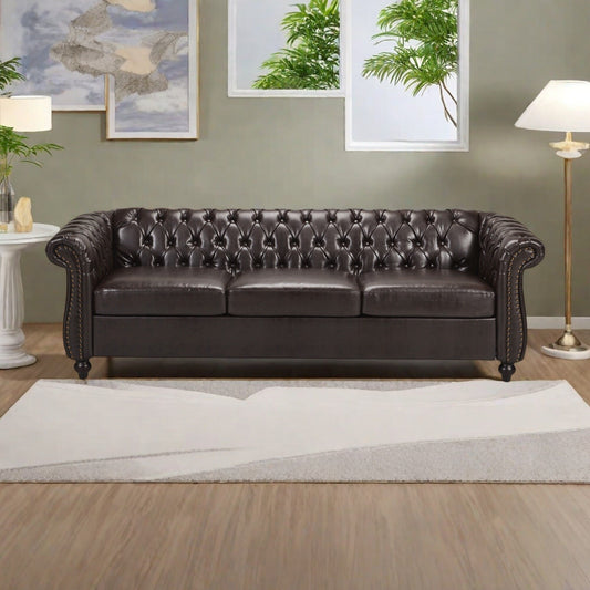 84.75 PU 3-Seater Sofa - Classic Button-Tufted Design with Nailhead Accents and Scrolled Arms