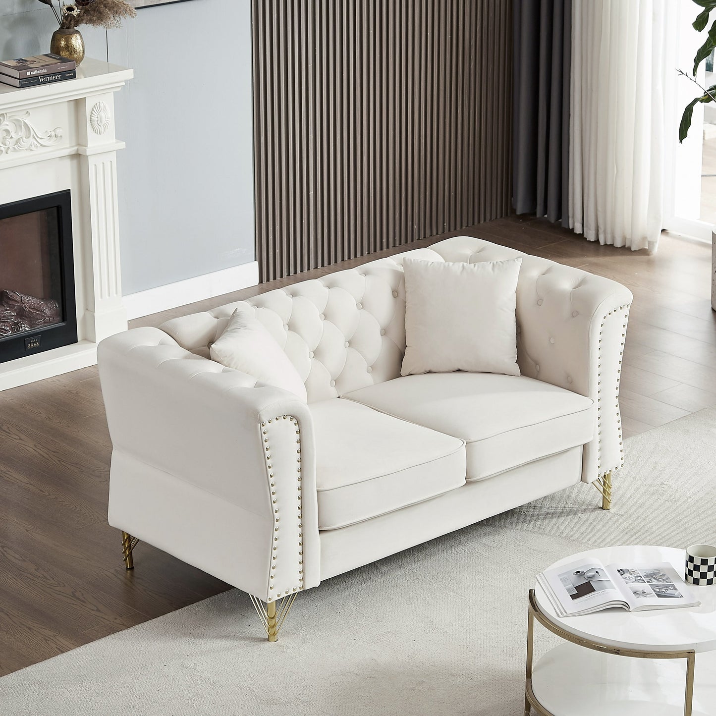 81.8 Velvet 3-seater Sofa with Tufted Couch and Metal Foot for Living Room