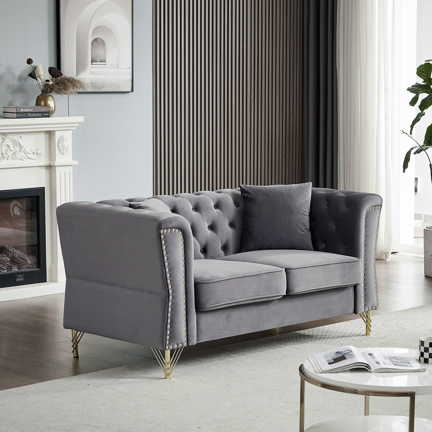 81.8 Velvet 3-seater Sofa with Tufted Couch and Metal Foot for Living Room