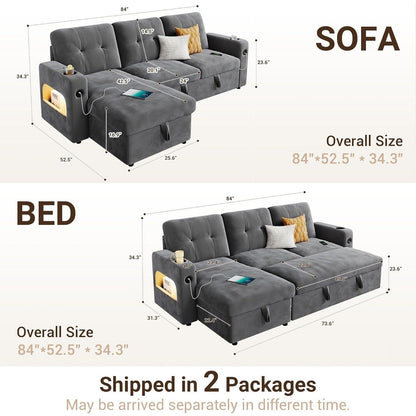 84 Sleeper Sofa Bed, Modular Sectional Cloud Couch with Reversible Storage Model