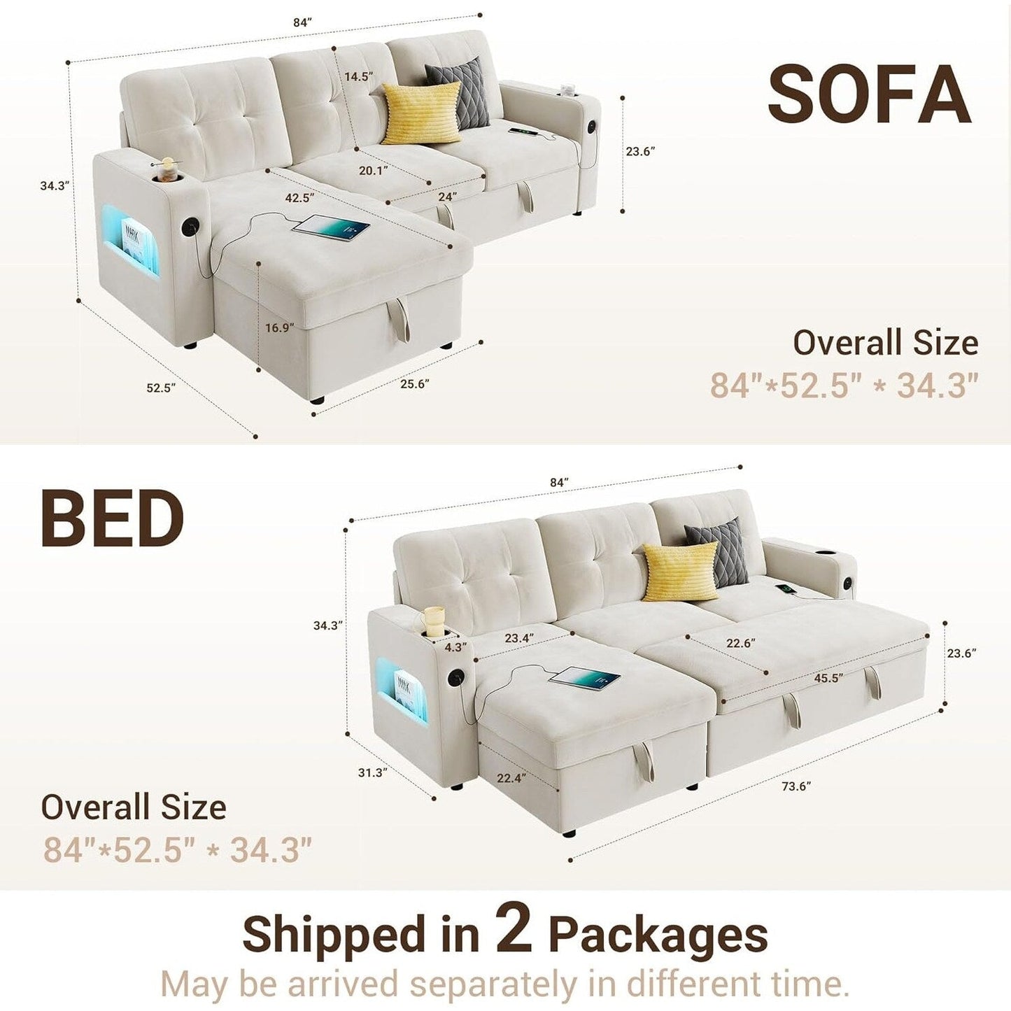 84 Sleeper Sofa Bed, Modular Sectional Cloud Couch with Reversible Storage Model