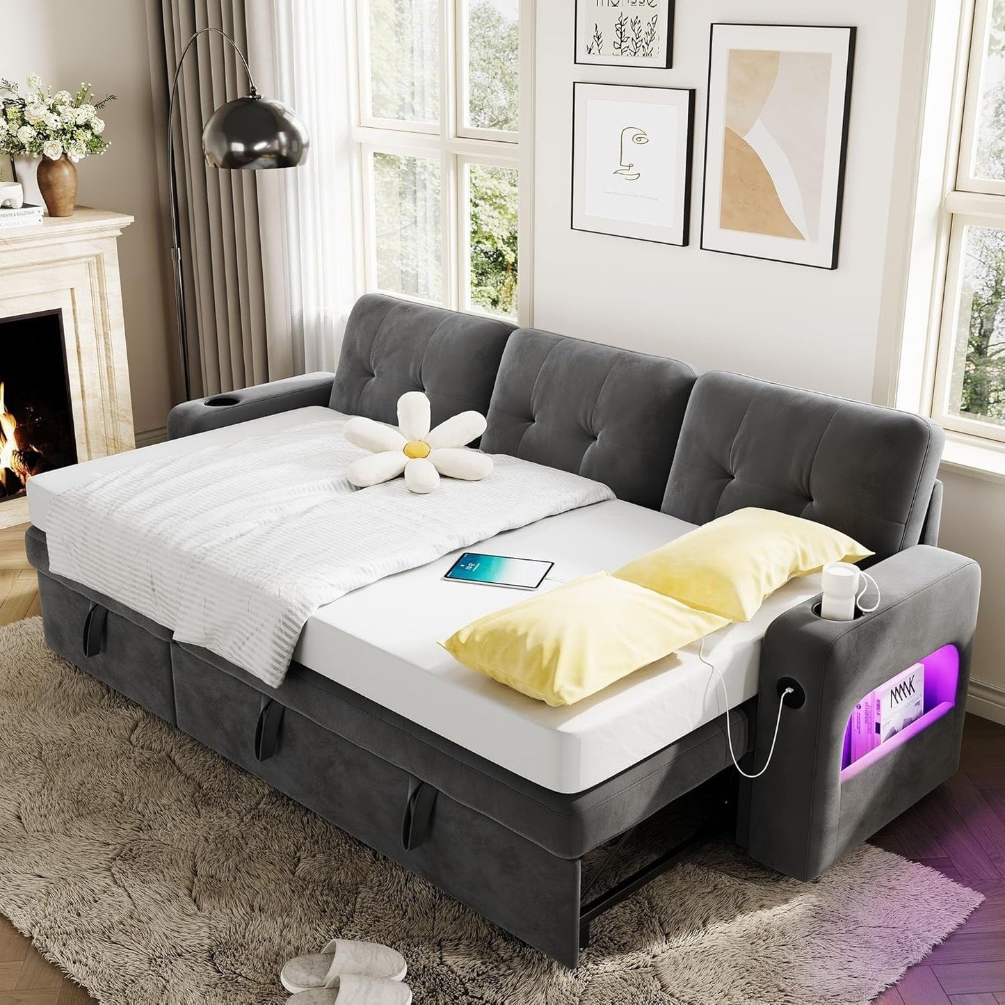 84 Sleeper Sofa Bed, Modular Sectional Cloud Couch with Reversible Storage Model