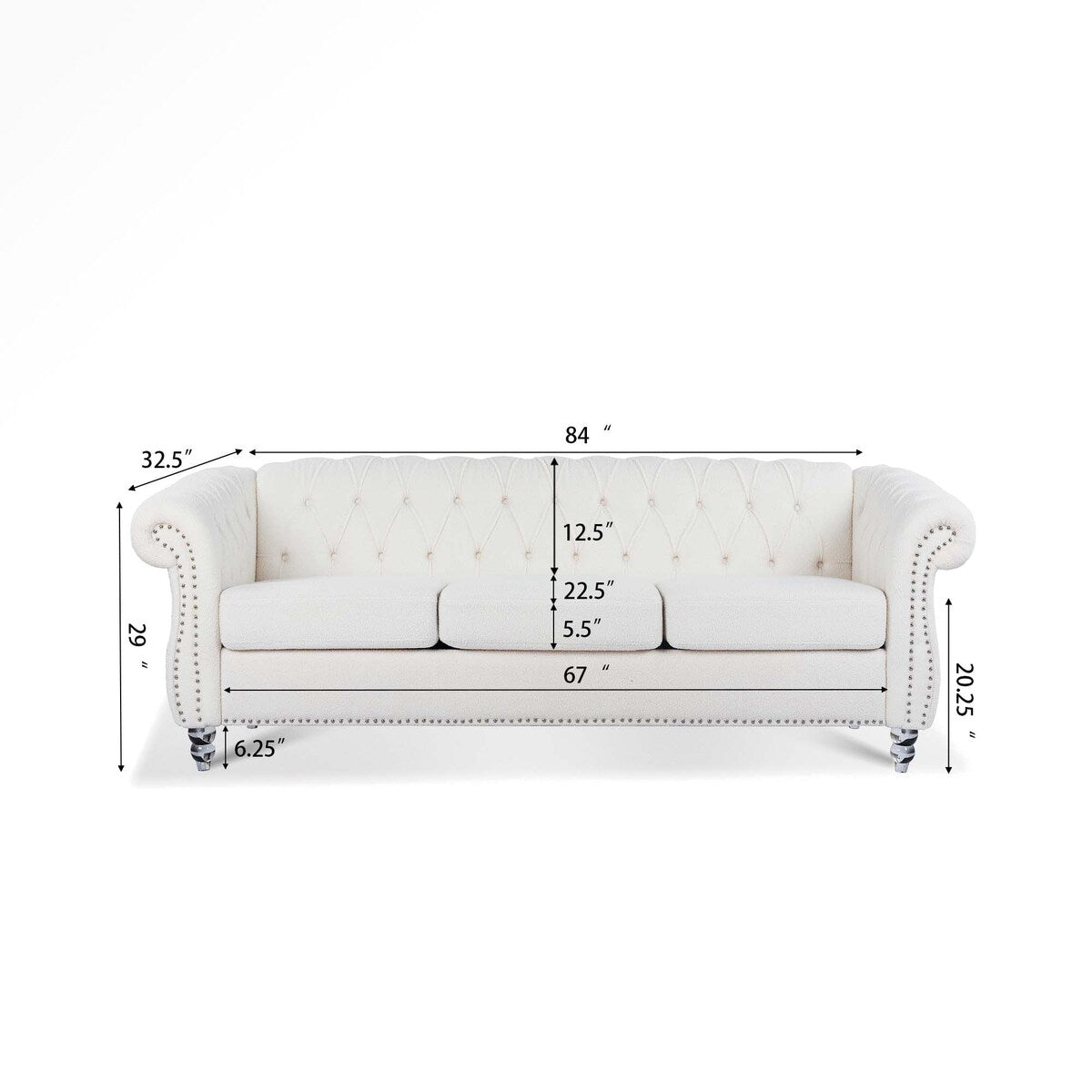 84 White Rolled Arm Chesterfield 3 Seater Sofa Couch