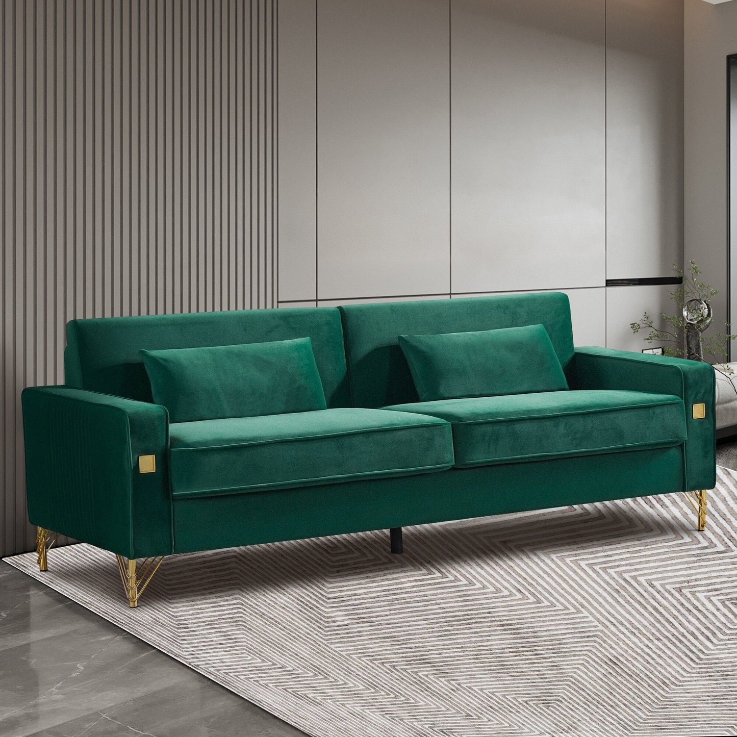 85.44 Modern Velvet 3 Seater Sofa Couch with 2 Pillow, Gold Metal Legs, Timeless Elegance, High Density Foam