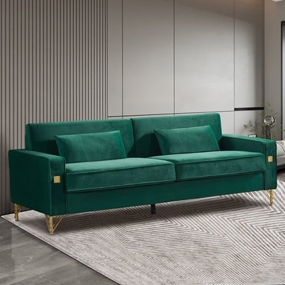 85.44 Modern Velvet 3 Seater Sofa Couch with 2 Pillow, Gold Metal Legs, Timeless Elegance, High Density Foam