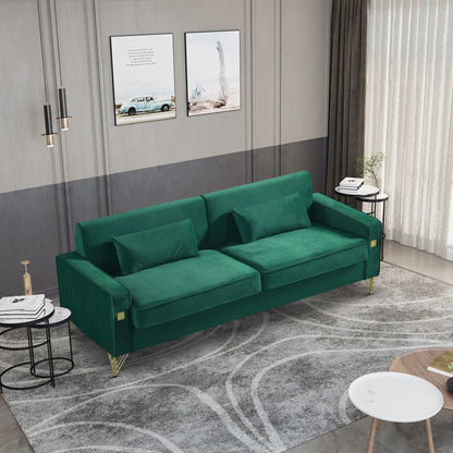 85.44 Modern Velvet 3 Seater Sofa Couch with 2 Pillow, Gold Metal Legs, Timeless Elegance, High Density Foam