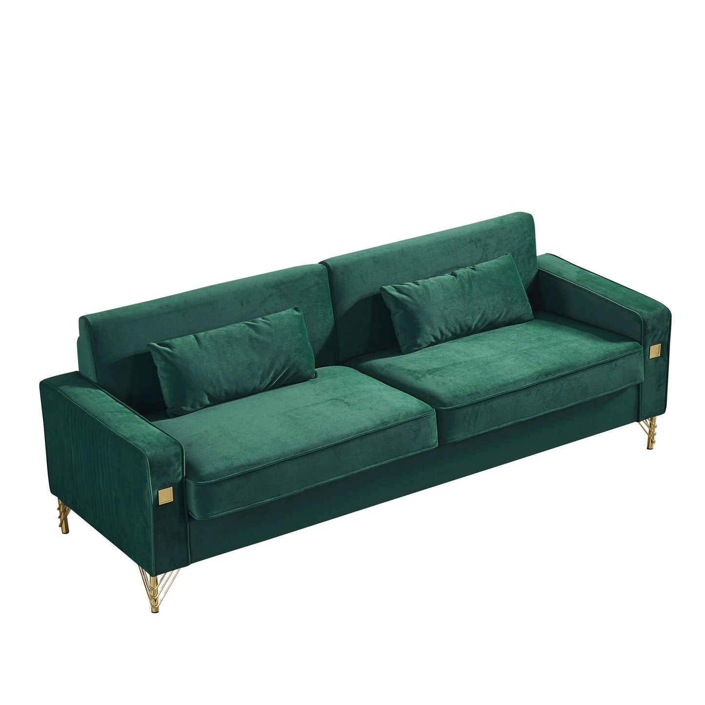 85.44 Modern Velvet 3 Seater Sofa Couch with 2 Pillow, Gold Metal Legs, Timeless Elegance, High Density Foam