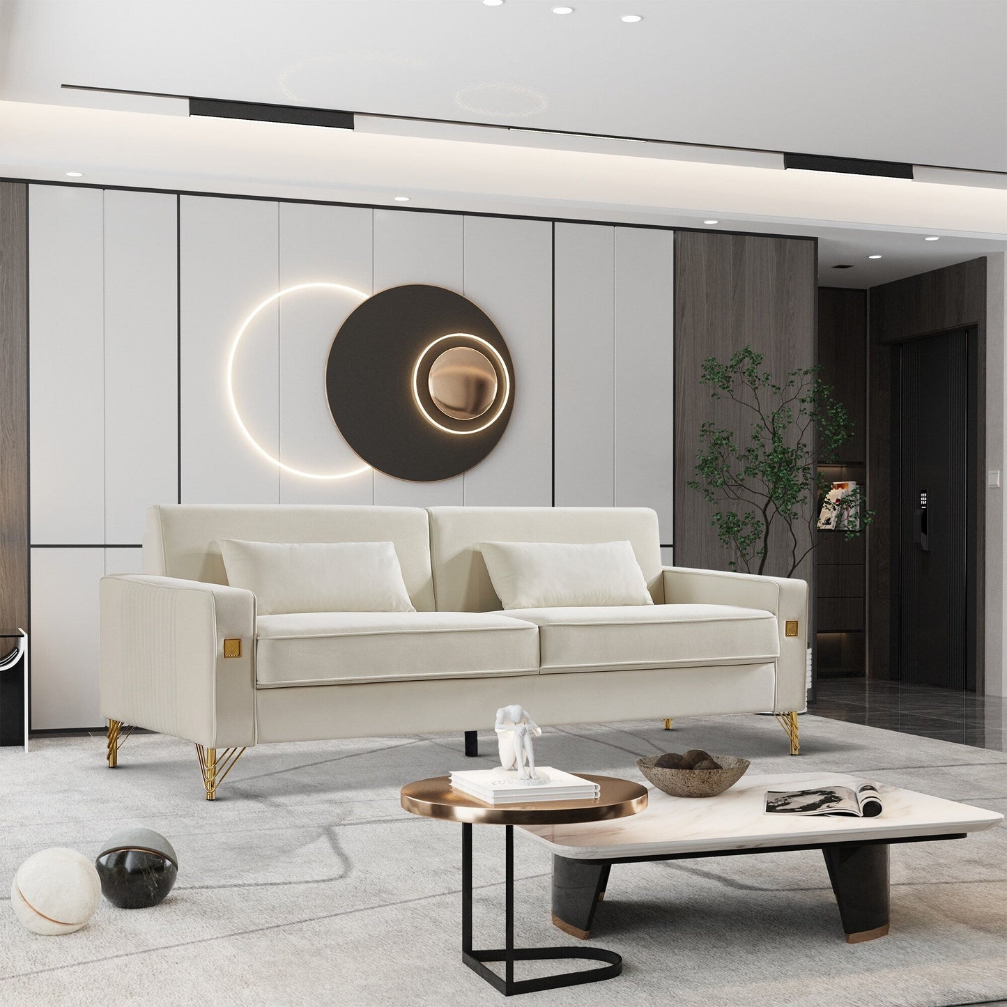 85.44 Modern Velvet 3 Seater Sofa Couch with 2 Pillow, Gold Metal Legs, Timeless Elegance, High Density Foam