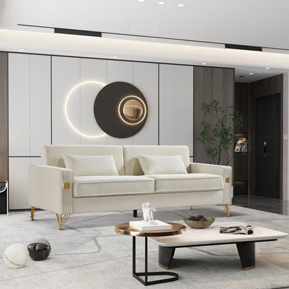 85.44 Modern Velvet 3 Seater Sofa Couch with 2 Pillow, Gold Metal Legs, Timeless Elegance, High Density Foam