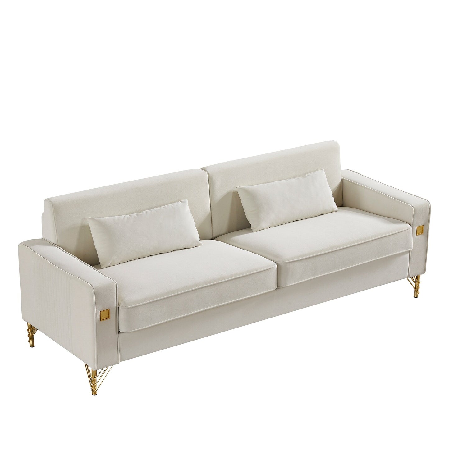 85.44 Modern Velvet 3 Seater Sofa Couch with 2 Pillow, Gold Metal Legs, Timeless Elegance, High Density Foam
