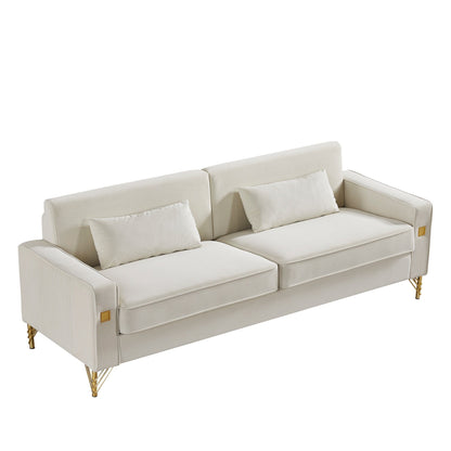 85.44 Modern Velvet 3 Seater Sofa Couch with 2 Pillow, Gold Metal Legs, Timeless Elegance, High Density Foam