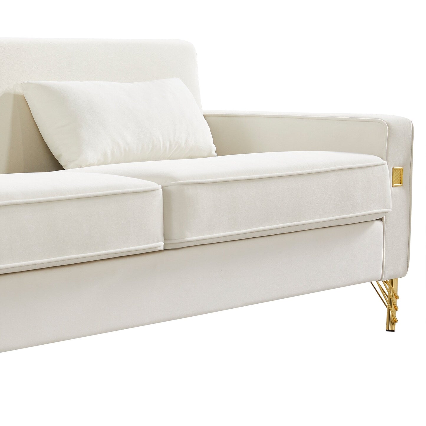 85.44 Modern Velvet 3 Seater Sofa Couch with 2 Pillow, Gold Metal Legs, Timeless Elegance, High Density Foam