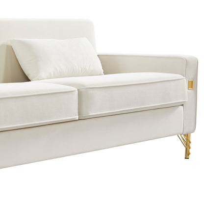 85.44 Modern Velvet 3 Seater Sofa Couch with 2 Pillow, Gold Metal Legs, Timeless Elegance, High Density Foam