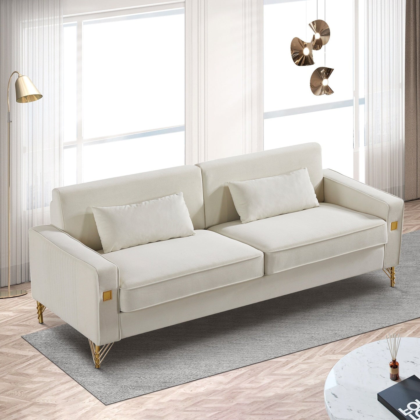 85.44 Modern Velvet 3 Seater Sofa Couch with 2 Pillow, Gold Metal Legs, Timeless Elegance, High Density Foam