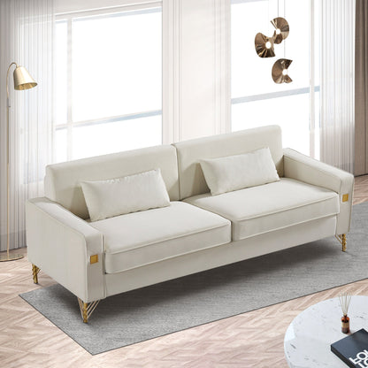 85.44 Modern Velvet 3 Seater Sofa Couch with 2 Pillow, Gold Metal Legs, Timeless Elegance, High Density Foam