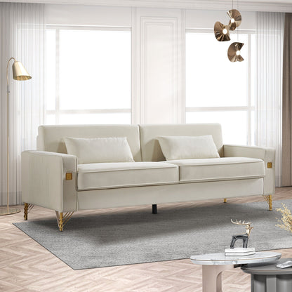 85.44 Modern Velvet 3 Seater Sofa Couch with 2 Pillow, Gold Metal Legs, Timeless Elegance, High Density Foam