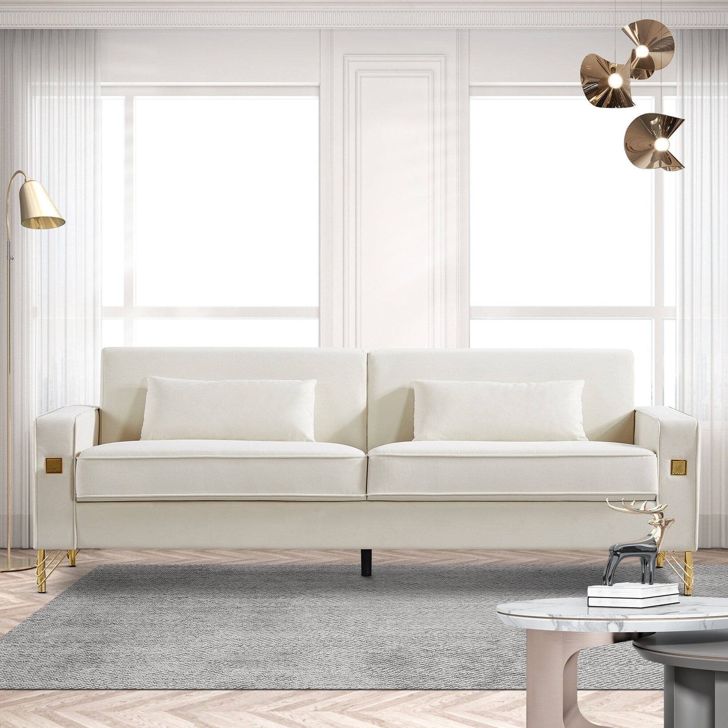 85.44 Modern Velvet 3 Seater Sofa Couch with 2 Pillow, Gold Metal Legs, Timeless Elegance, High Density Foam