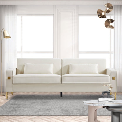 85.44 Modern Velvet 3 Seater Sofa Couch with 2 Pillow, Gold Metal Legs, Timeless Elegance, High Density Foam