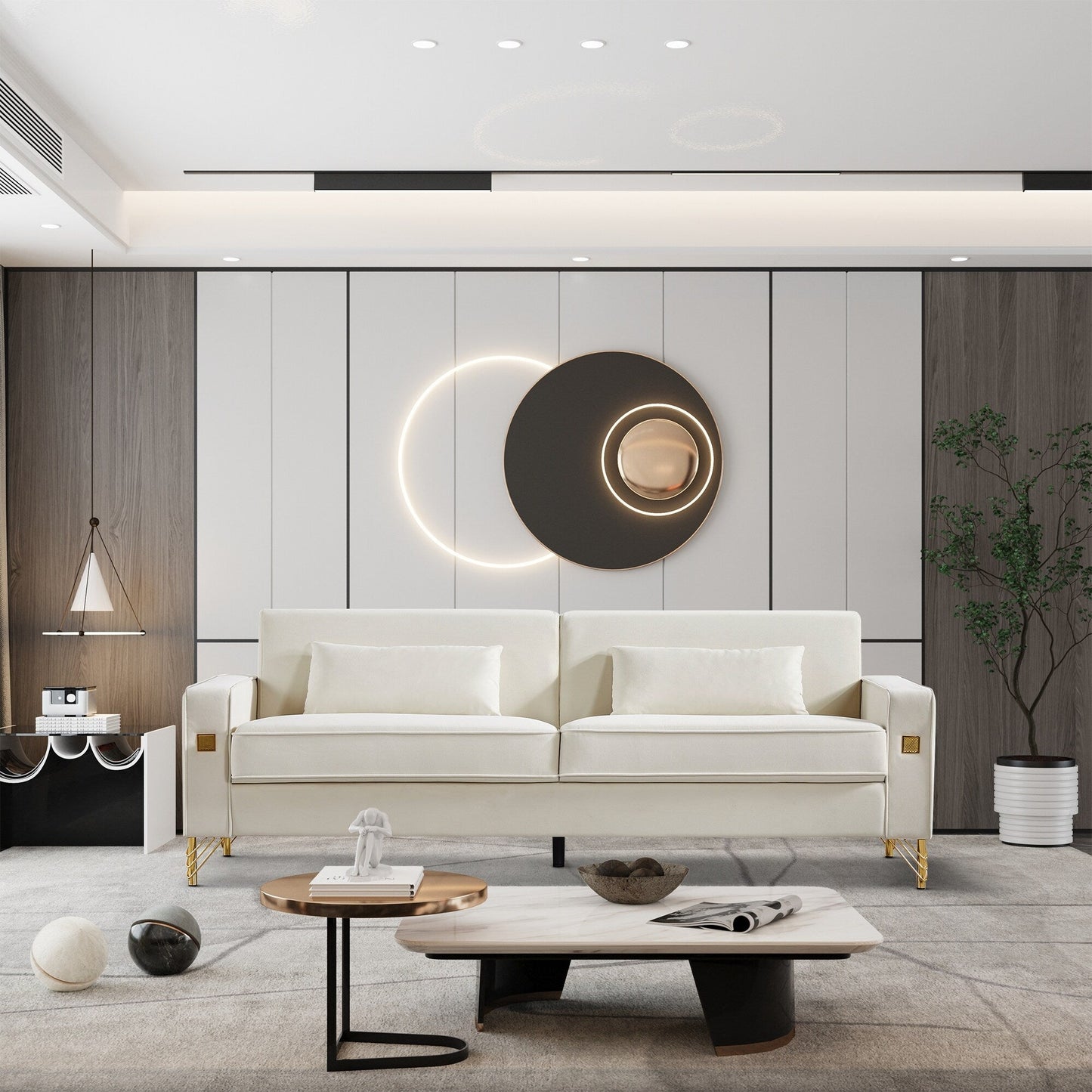 85.44 Modern Velvet 3 Seater Sofa Couch with 2 Pillow, Gold Metal Legs, Timeless Elegance, High Density Foam