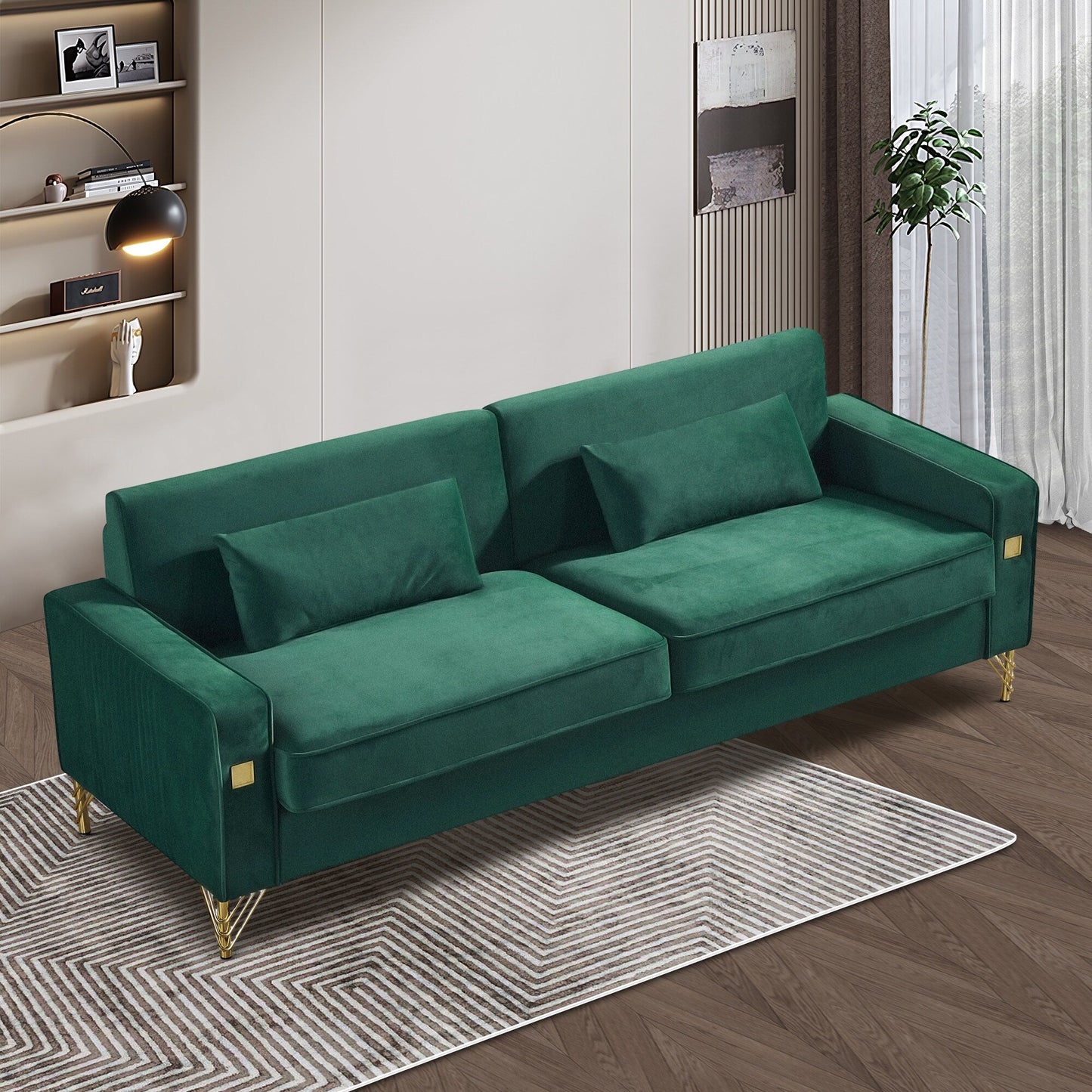 85.44 Modern Velvet 3 Seater Sofa Couch with 2 Pillow, Gold Metal Legs, Timeless Elegance, High Density Foam