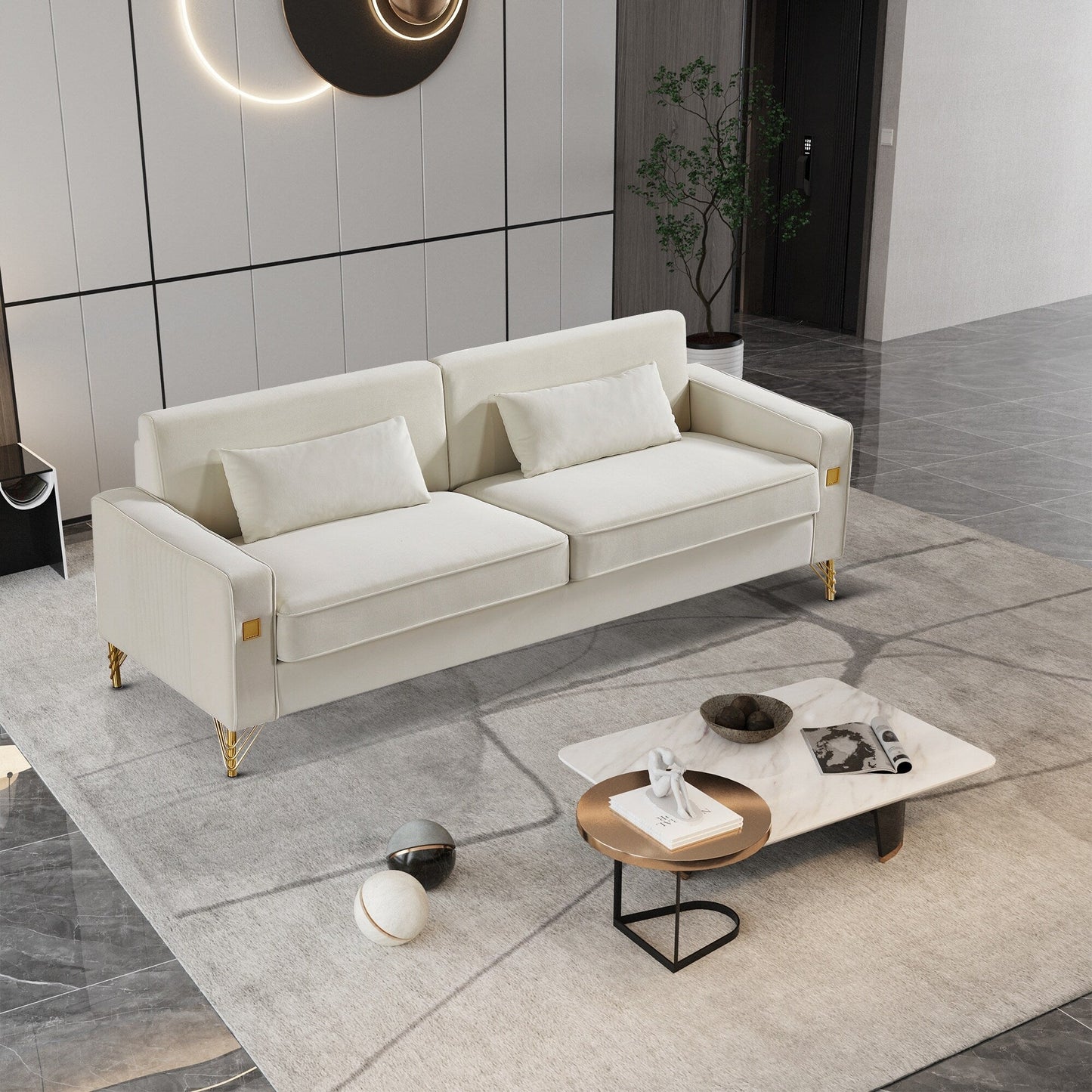 85.44 Modern Velvet 3 Seater Sofa Couch with 2 Pillow, Gold Metal Legs, Timeless Elegance, High Density Foam