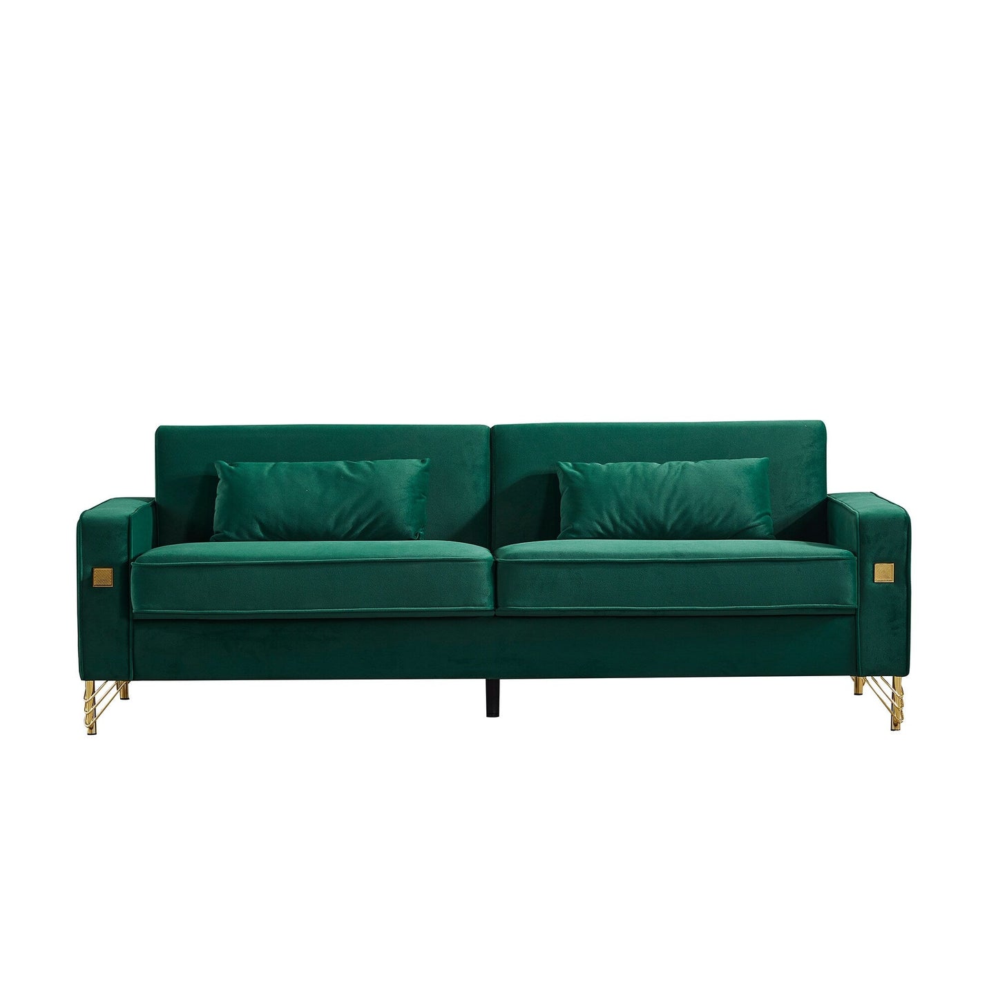 85.44 Modern Velvet 3 Seater Sofa Couch with 2 Pillow, Gold Metal Legs, Timeless Elegance, High Density Foam
