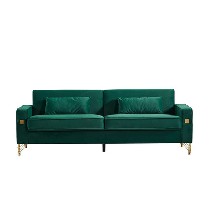 85.44 Modern Velvet 3 Seater Sofa Couch with 2 Pillow, Gold Metal Legs, Timeless Elegance, High Density Foam