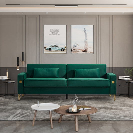 85.44 Modern Velvet 3-Seater Sofa with Gold Metal Legs, High-Density Foam Seating, and Timeless Design
