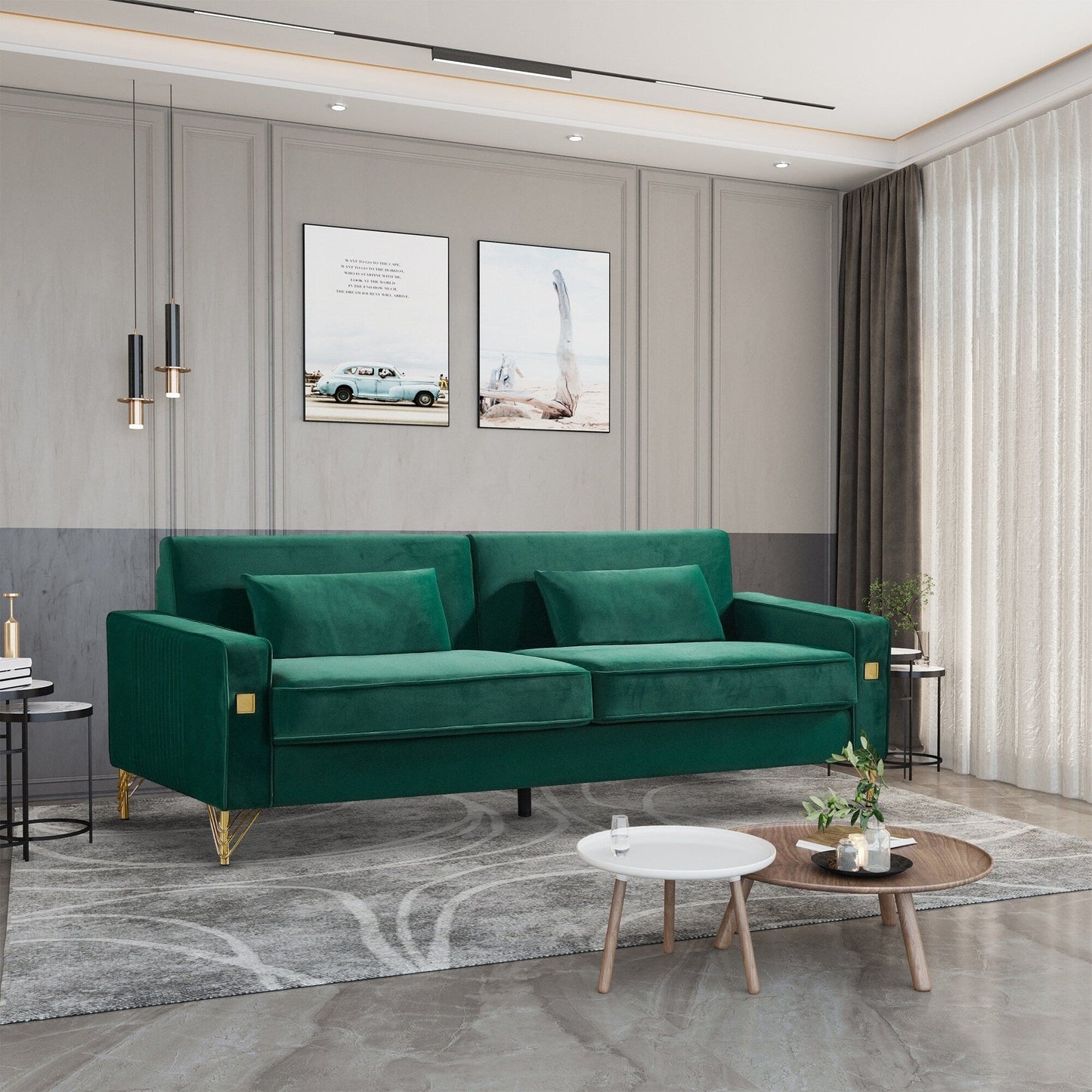 85.44 Modern Velvet 3-Seater Sofa with Gold Metal Legs, High-Density Foam Seating, and Timeless Design
