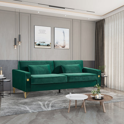 85.44 Modern Velvet 3-Seater Sofa with Gold Metal Legs, High-Density Foam Seating, and Timeless Design