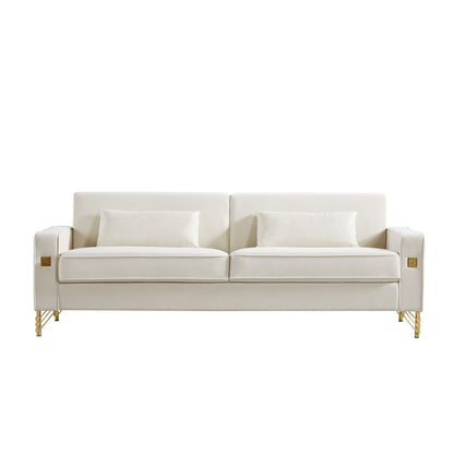 85.44 Modern Velvet 3-Seater Sofa with Gold Metal Legs, High-Density Foam Seating, and Timeless Design