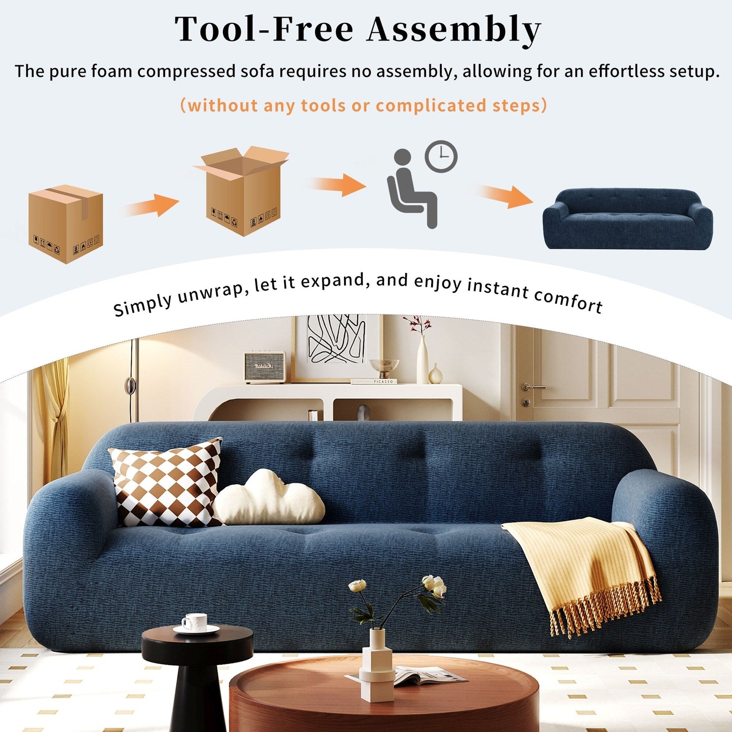 85.8Wide Chenille Fabric 3-Seater Sofa, Full Sponge Compression Design,With Powder-Free Foam,Pocket Spring For Extra Comfort