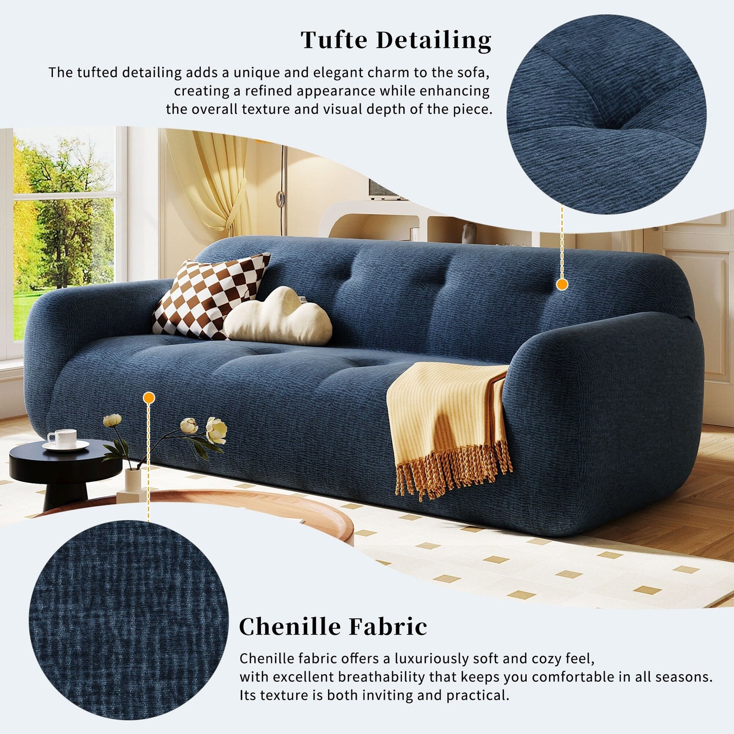 85.8Wide Chenille Fabric 3-Seater Sofa, Full Sponge Compression Design,With Powder-Free Foam,Pocket Spring For Extra Comfort