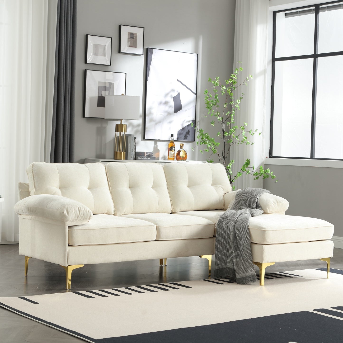 85 L-Shaped Fabric Sofa with Spring Cushions, High-Quality Wooden Frame, and Waist Pillows