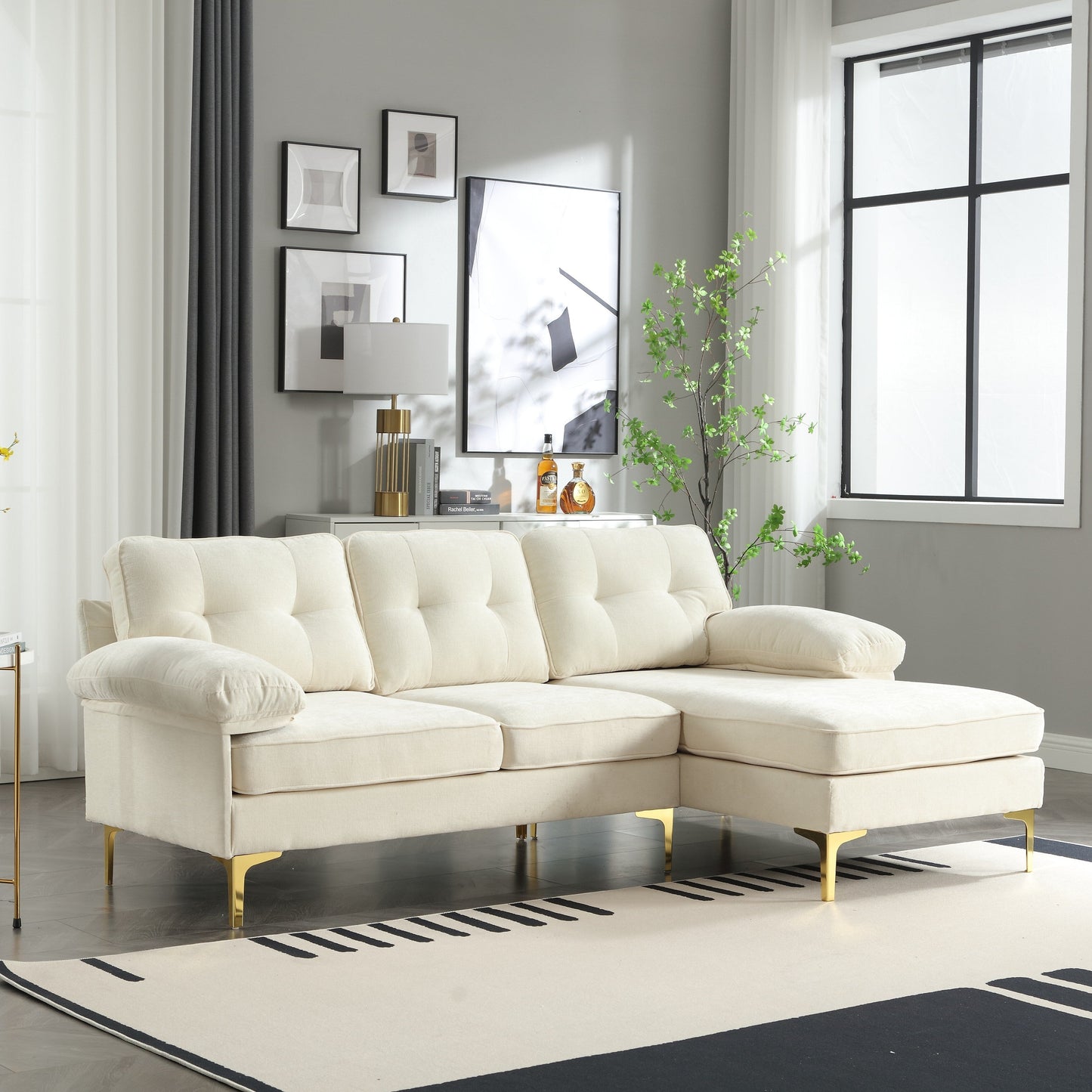 85 L-Shaped Fabric Sofa with Spring Cushions, High-Quality Wooden Frame, and Waist Pillows