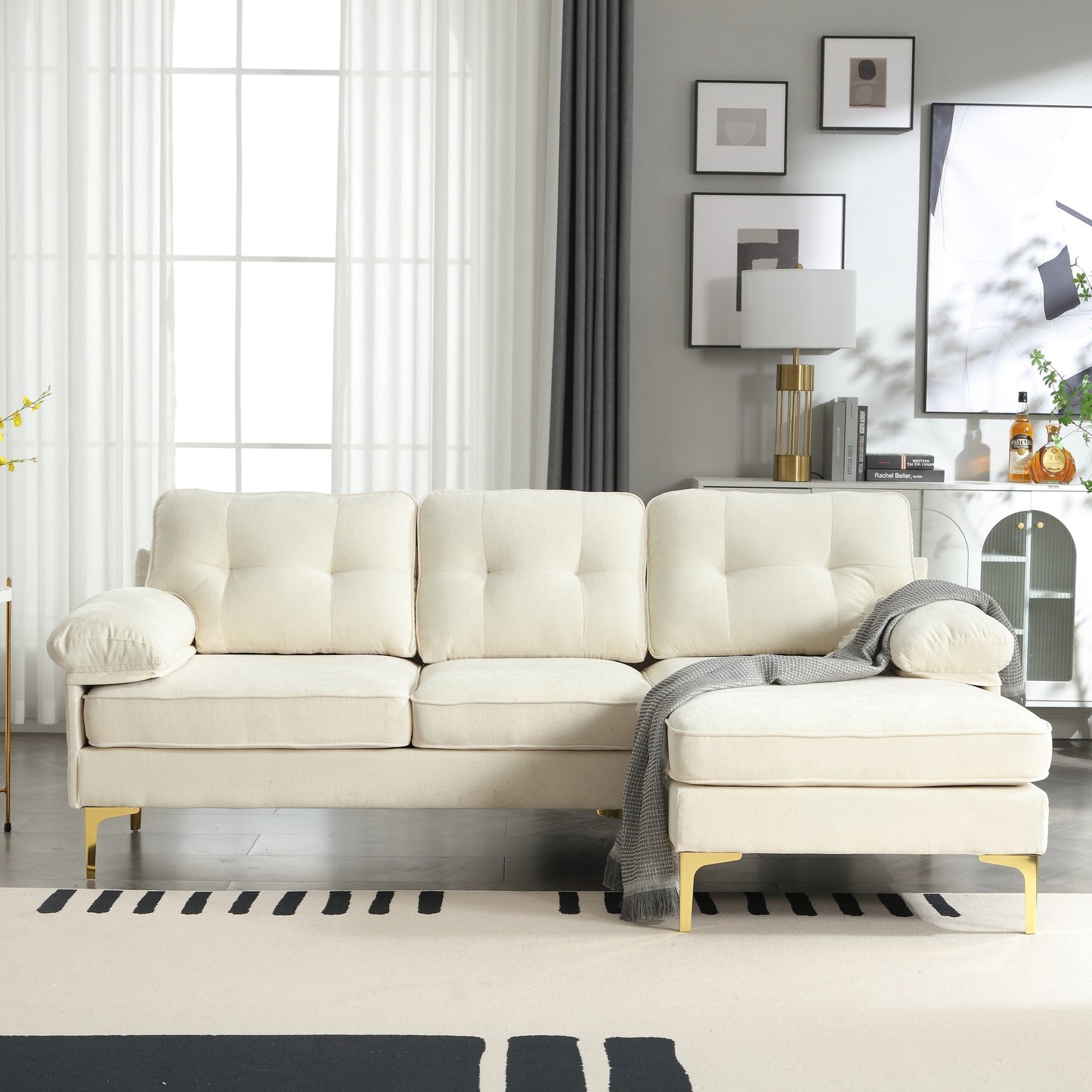 85 L-Shaped Fabric Sofa with Spring Cushions, High-Quality Wooden Frame, and Waist Pillows