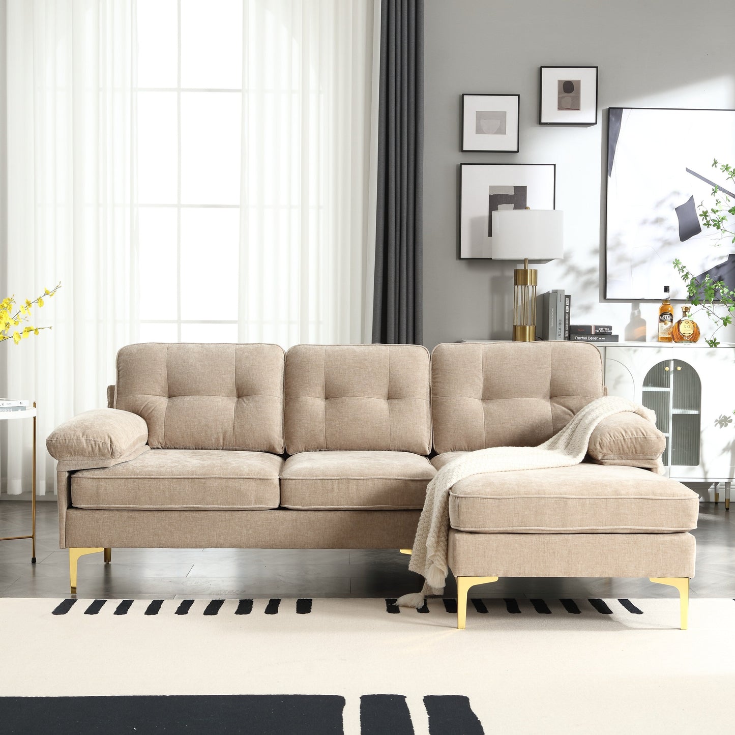 85 L-Shaped Fabric Sofa with Spring Cushions, High-Quality Wooden Frame, and Waist Pillows