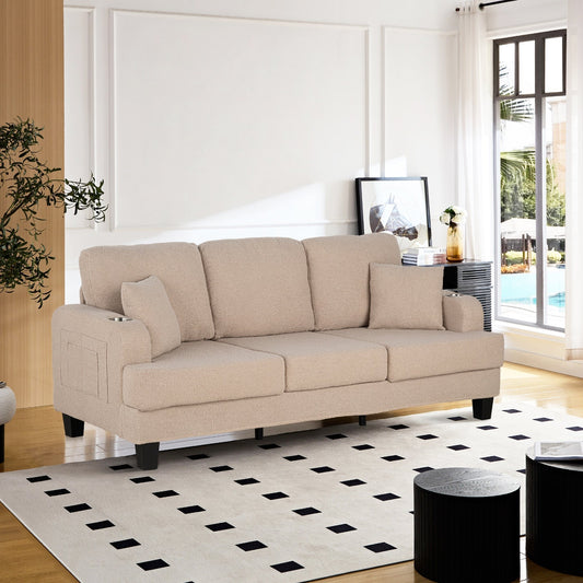 85 Modern Beige Corduroy 3-seater Sofa with USB and 2 Pillows