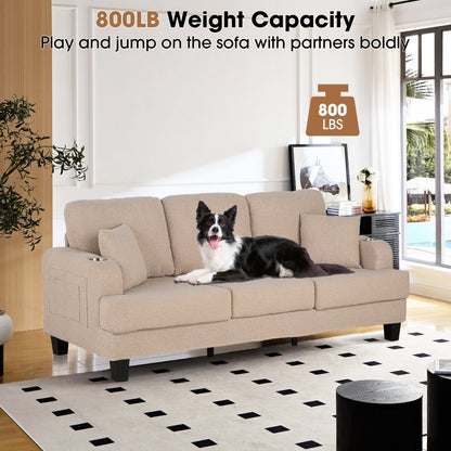85 Modern Beige Corduroy 3-seater Sofa with USB and 2 Pillows